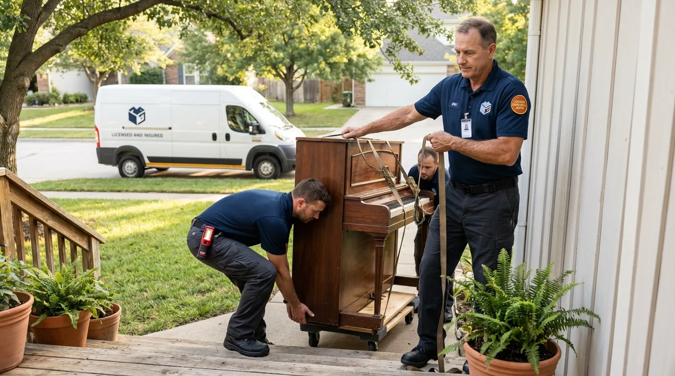 Licensed piano movers securing grand piano in Bath, PA